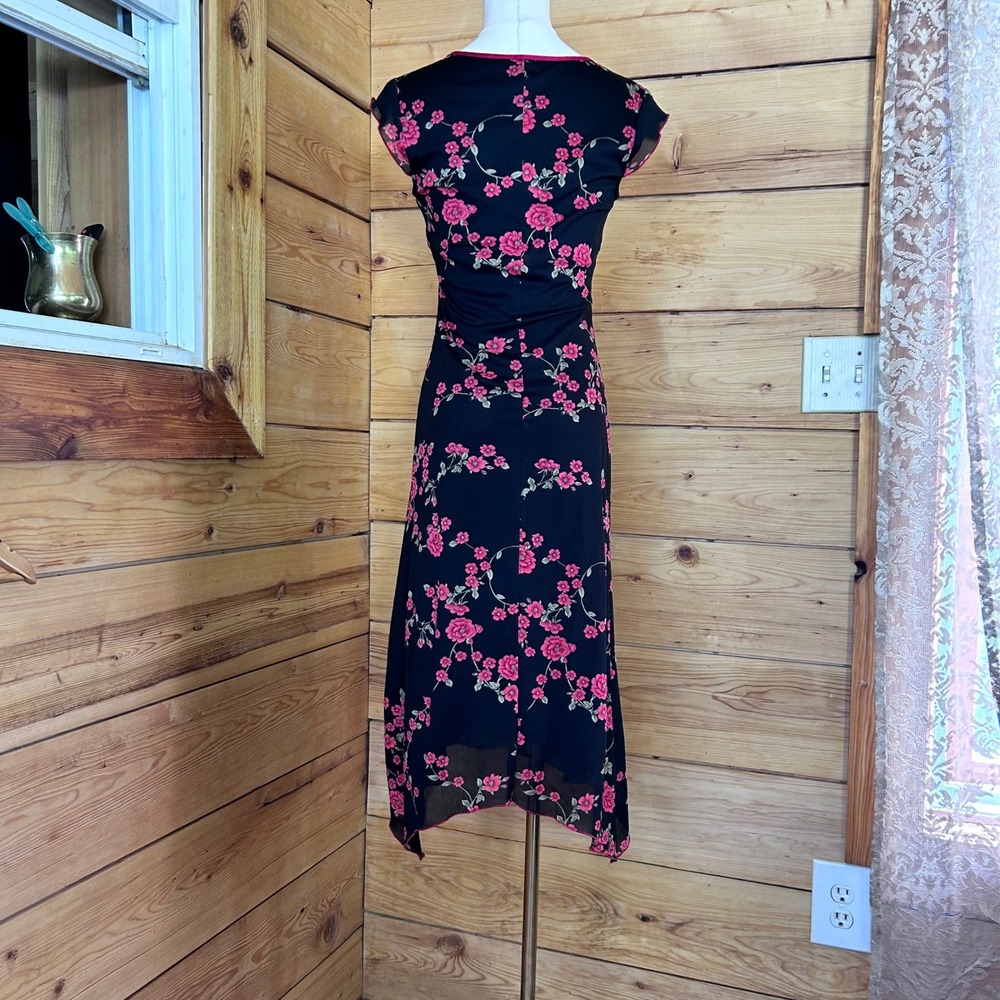 Vintage Asian Dress Women Small Black Pink Floral Y2K Goth Glam Party Ruby Rox - Picture 6 of 13